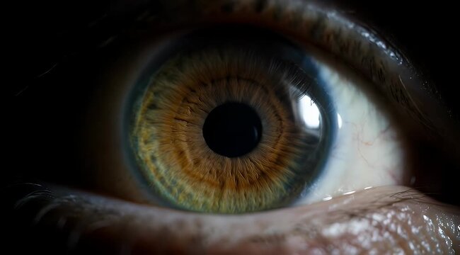 Macro human eye with hazel iris and pupil dilation, extreme close up of eyeball anatomy, cinematic medical eye detail for healthcare and science