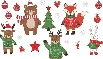 Fototapeta premium Christmas Tree with Bear, Reindeer, Fox, and Bunny in Sweaters, Christmas Ornaments, Red Stars, and Holiday Decorations