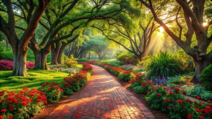 Fototapeta premium Serene Pathway Through a Sun-Dappled Garden of Vibrant Blossoms and Majestic Trees