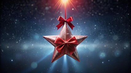 Obraz premium A Sparkling Silver Star Ornament with Red Bows Dangles from a String Against a Shimmering, Dark Blue Background, Illuminated by Rays of Light