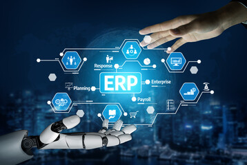 Naklejka premium A robotic hand and a human hand interact with digital icons representing ERP and automation technology, highlighting integration and innovation in modern business solutions. Tessel