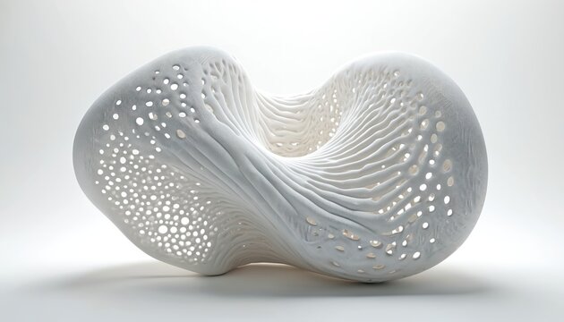 White abstract 3D printed structure with intricate mesh design. Organic curved shape displays complex cellular pattern, smooth flowing lines. Futuristic architectural object shows advanced