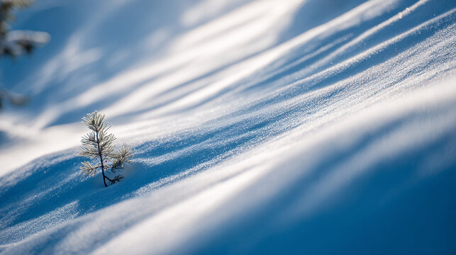 Snowy landscape with small pine tree on a sunny winter day