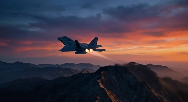 Jet soars over mountain peaks at sunset with glowing engines