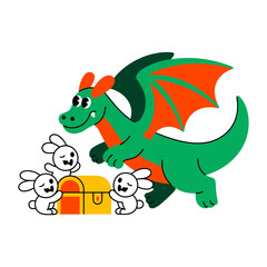 Naklejka premium Green Dragon Protecting Treasure with Smiling White Rabbits