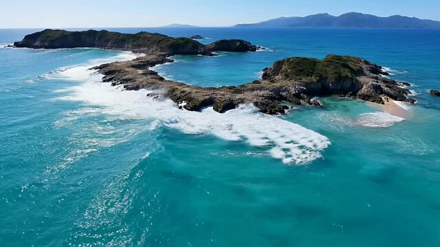 Aerial View of a Beautiful Island Chain with Waves Crashing on Rocks