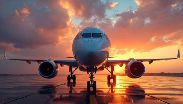 Commercial airliner parked on tarmac at sunset. Warm sky with clouds reflects on wet ground. Aircraft awaits flight, travel, transport.