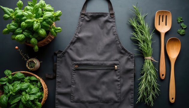 Dark gray canvas apron with zippered pocket and wooden kitchen tools sit next to fresh basil and rosemary herbs. Minimalist culinary flat lay on dark surface for cooking preparation and baking.