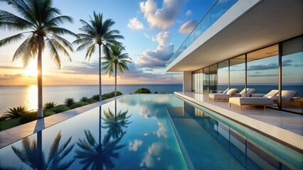 Fototapeta premium Luxury oceanfront residence with infinity pool and sunset views