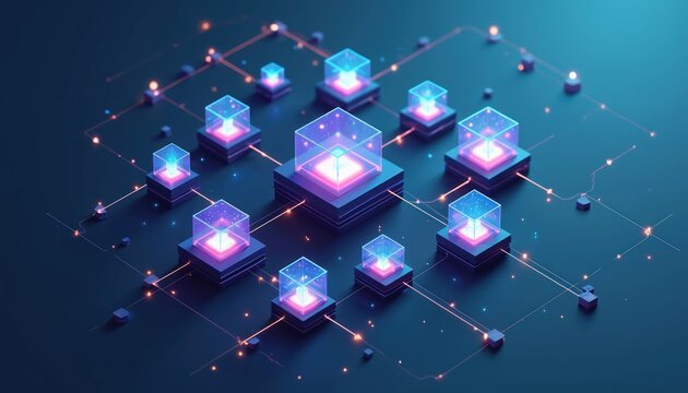 Abstract digital network of glowing cubes interconnected by lines. Data flows between nodes in distributed system architecture. Technology concept for computing and information exchange.