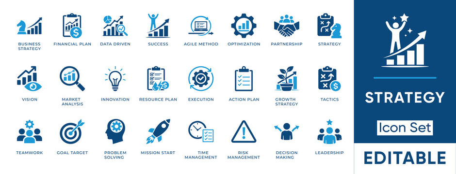 Strategy icon set. Business strategy, market analysis, financial plan, risk management, leadership and innovation. Solid vector icons collection.