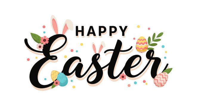 Colorful Easter celebration design with 'Happy Easter' typography, featuring bunny ears, eggs, and flowers on a white background