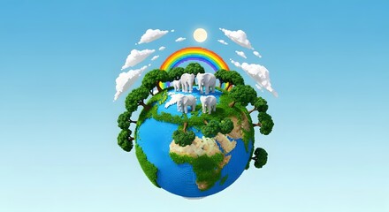 Naklejka premium Eco friendly earth with lush greenery and vibrant rainbow