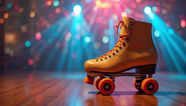 Orange roller skate sits on shiny wood floor. Colorful disco lights and blue rays shine behind, creating a party atmosphere. Retro recreation object.