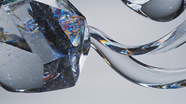 Closeup of a shiny glass chain link with a reflective surface on a gray background
