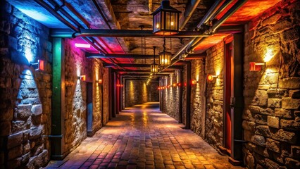 Fototapeta premium Illuminated Stone Passageway A Mystical Underground Corridor with Warm and Cool Lighting, Featuring Brick Walls and Industrial Pipes
