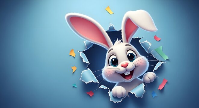 3d cartoon rabbit bursting through blue background
