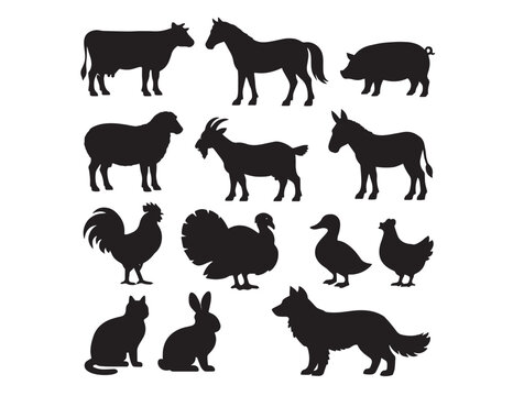 Farm animal silhouette vector collection, domestic livestock and poultry icons, black barnyard animal graphics for agricultural designs.