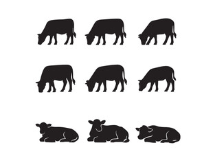 Cattle silhouette vector set, nine black cow and calf icons, farm animal collection for agriculture and ranch branding, livestock illustration pack © Prodeep