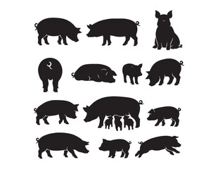 Black pig silhouettes, a diverse collection of domestic farm animal vectors. Various swine poses, including adult pigs, piglets, and sows, ideal for agriculture, farming © Prodeep