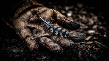 Obraz premium A Pristine Falcon Feather Delicately Held on a Weathered, Dirt-Covered Hand