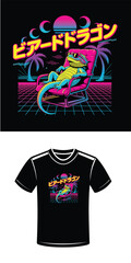 Obraz premium Bearded dragon relaxing in chair with neon grid and palm trees reptile animal
