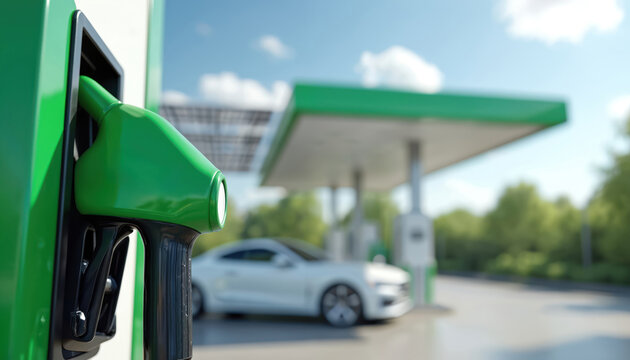 Green E85 ethanol fuel pump nozzle in focus. Modern car refuels at station with solar panels. Clean design, eco fuel, renewable energy concept.