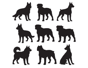 Obraz premium Dog breed silhouettes, a collection of nine distinct canine profiles, black vector animal shapes for pet-related designs, logos, and educational materials