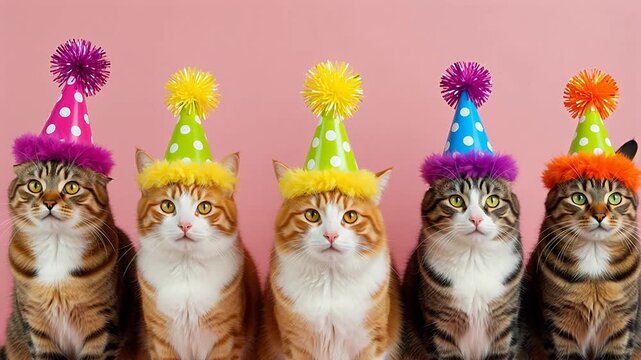 Five cats wearing party hats