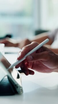 Creative, stylus and hand with tablet in office, artist and illustration for logo design on website. Online, graphic designer and person with tech for digital art, coworking and sketch with software