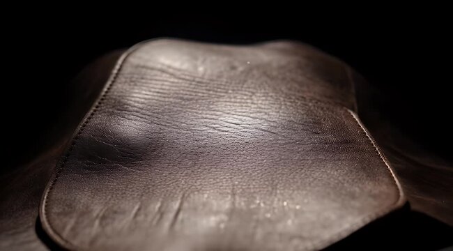 Close up of a worn and textured brown leather piece against black background