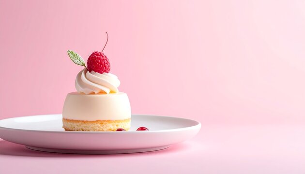 Individual white dessert, topped with a fresh red raspberry and a green mint leaf, elegantly served on a white plate against a soft pink background, a delightful sweet treat