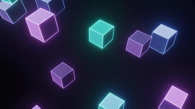 Abstract Neon Cubes Floating in Dark Space with Glowing Edges.