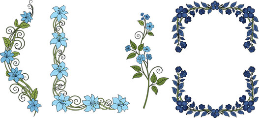 Hand-Drawn Blue Flower Frames with Swirls and Decorative Vines for Elegant Nature and Botanical Designs © Sanjida