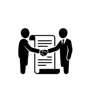 Two business figures engage in a firm handshake over a large rolled document symbolizing a finalized agreement or successful partnership completion and contract