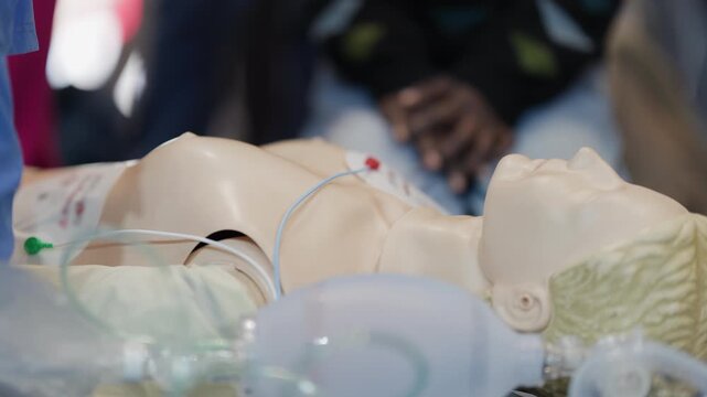Medical student practicing first aid on cpr dummy