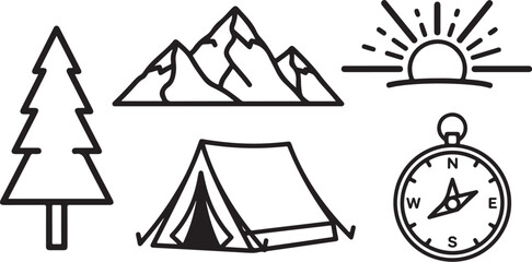 Fototapeta premium Camping icons, outdoor adventure symbols, travel vector graphics, black line art
