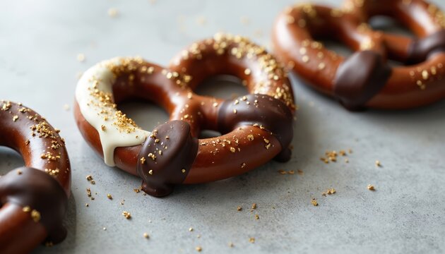 Three chocolate covered pretzels with gold sprinkles sit on a white surface. Some pretzels are dipped in dark chocolate some in white chocolate.