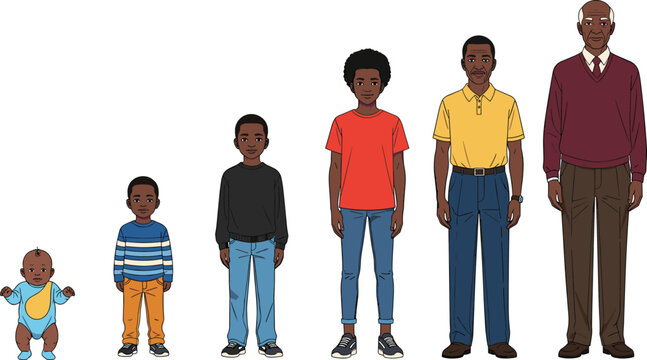 Evolution of an African American male from infancy to old age showing growth stages including baby child teenager young adult middle aged and senior man