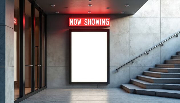 Modern cinema entrance displays empty poster frame under glowing red Now Showing sign. Blank space awaits film promotion. Stairs lead up beside concrete wall and glass doors.