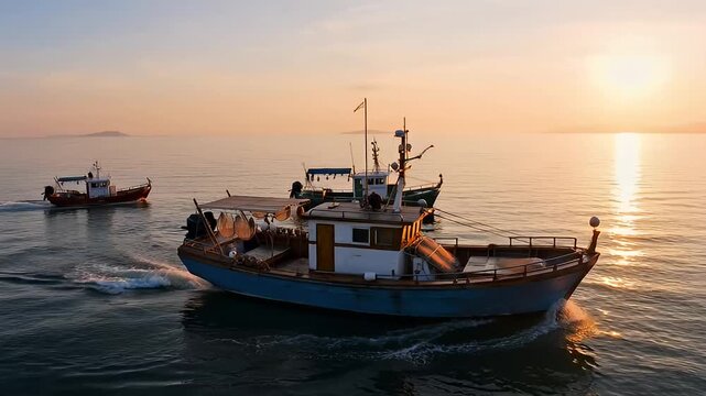 Fishing boats traverse the calm waters at sunrise with a golden glow