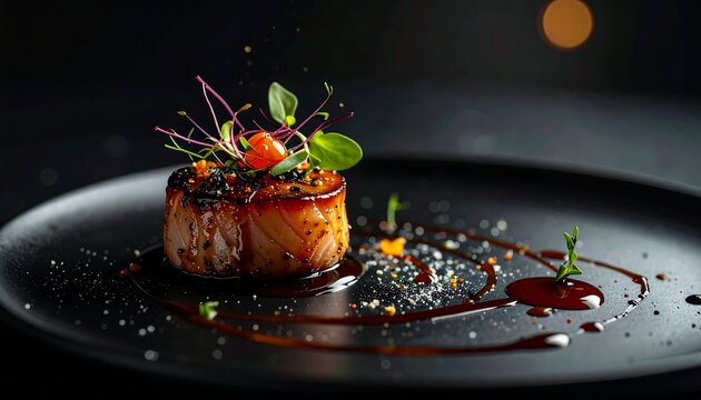 Gourmet Foie Gras Seared to Perfection, Adorned with Microgreens and Balsamic Glaze on a Dark Plate