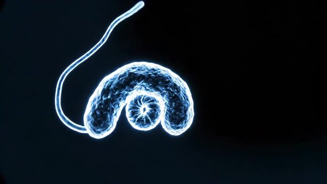 Macro visualization of a glowing bacterium with fluid cinematic motion