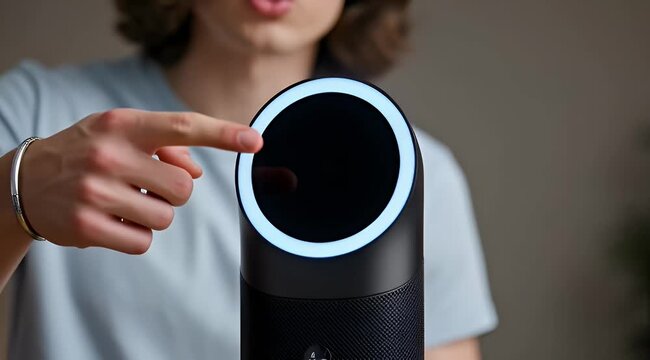 Smart home assistant with glowing blue ring, person pointing at voice controlled speaker, modern AI technology device for domestic automation
