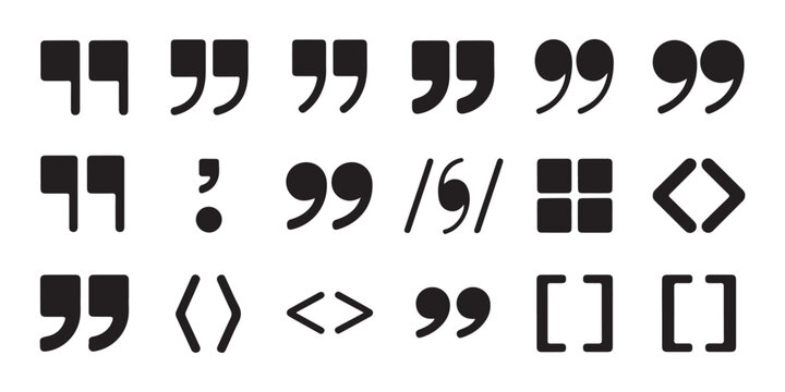 Set of unique quote symbols and various punctuation marks for design, vector graphic illustration elements.