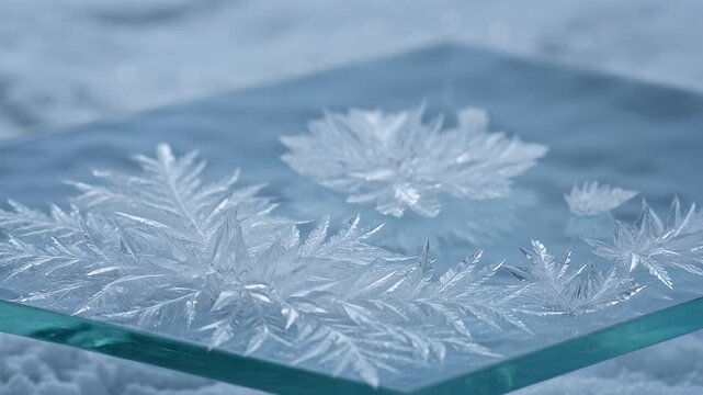Close up of intricate ice crystal formations on a translucent surface