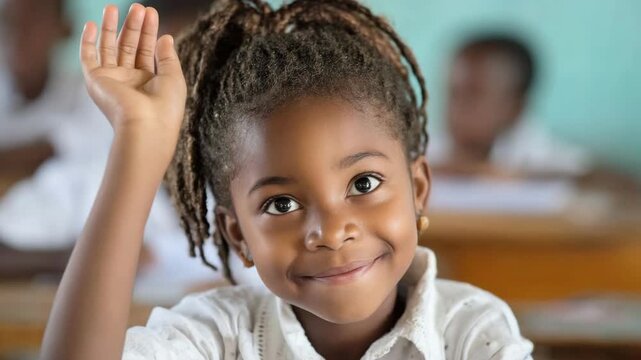 Happy African little girl raising her hand to answer in class. An elementary school student prepares for a lesson, the learning process, school life