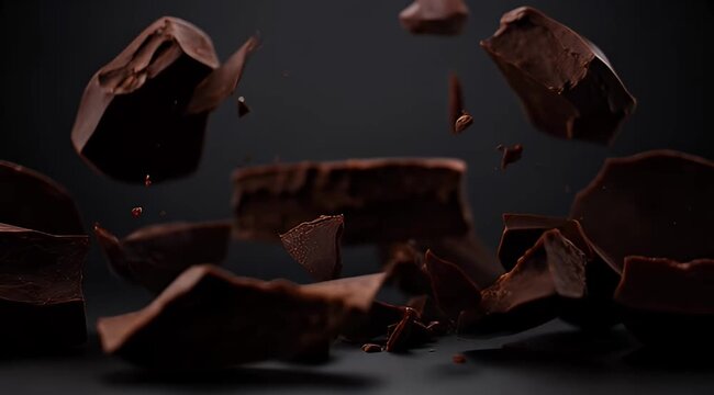 Dramatic shot of dark chocolate chunks falling and floating against black background