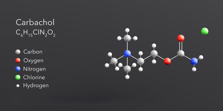 carbachol molecule 3d rendering, flat molecular structure with chemical formula and atoms color coding