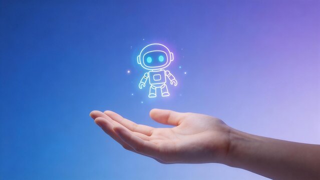 Hand holding glowing robot icon